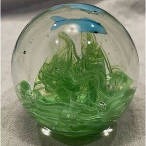 Vintage  Glass Dolphins Swimming Paperweight  Blue Green Bubbles 3 1/2"
